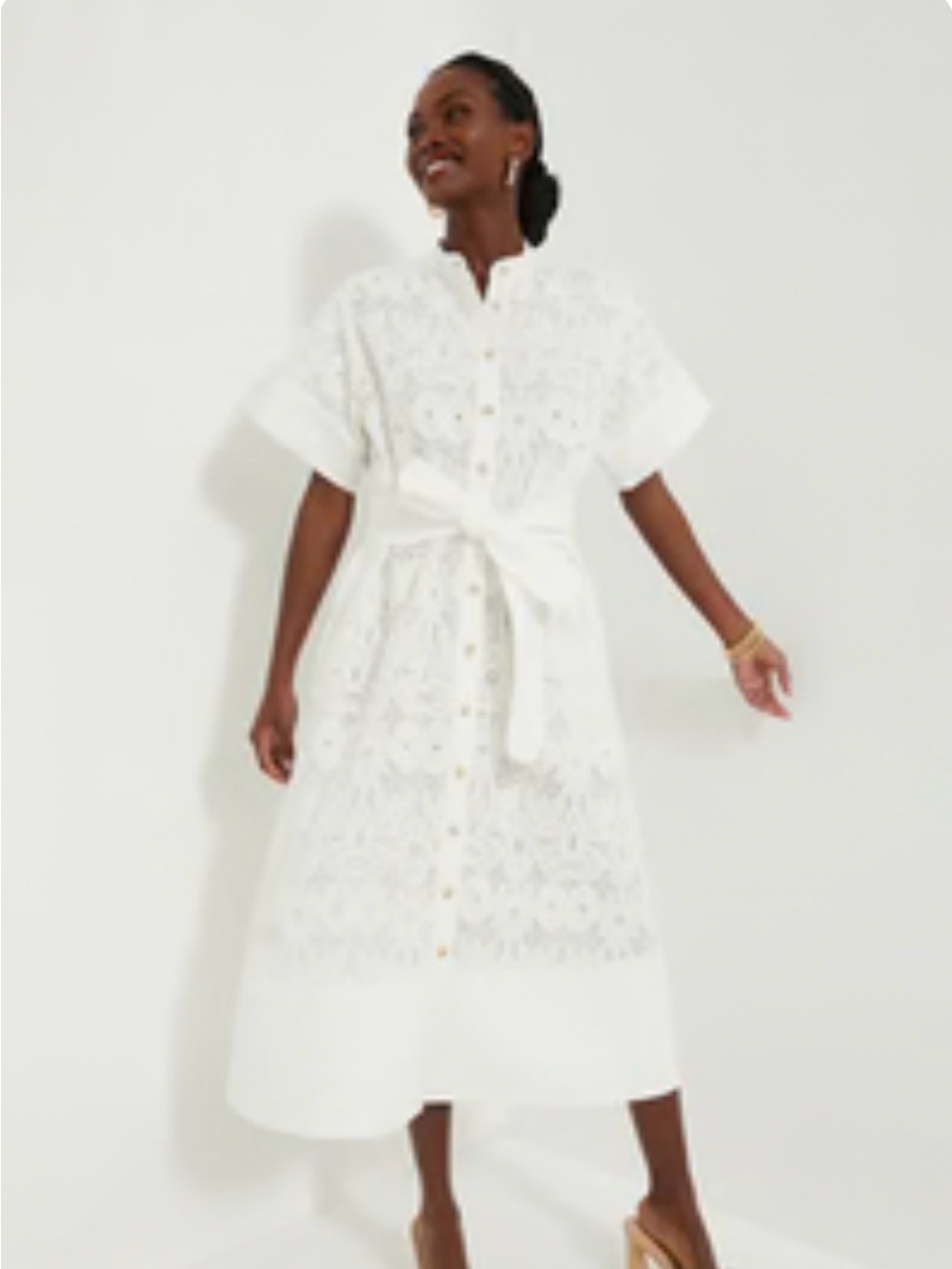 White Eyelet Tie-Waist Midi Dress